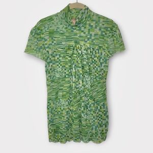 Vtg Y2K Sweet Pea Mesh Short Sleeve Top S/M Green Geometric